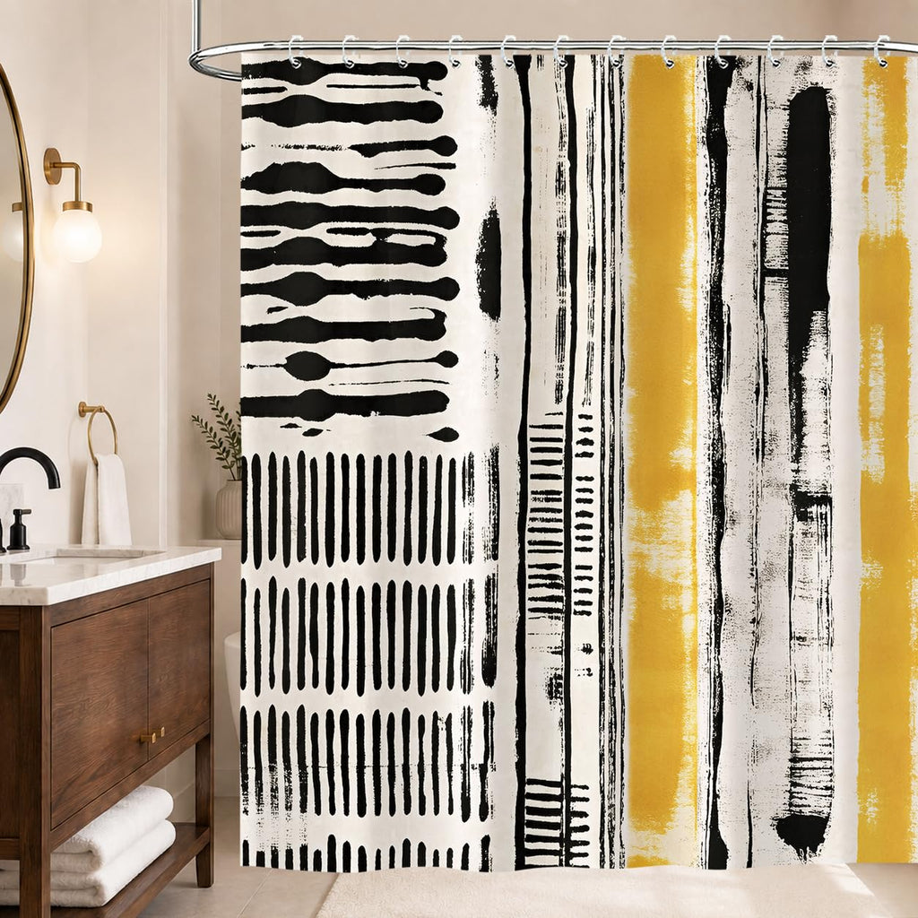 Abstract Boho Shower Curtain, Mid Century Modern Black And Beige Geometric Stripes Shower Curtains Set, Minimalist