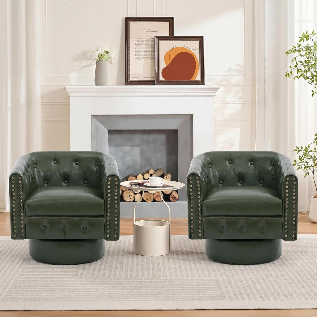 Swivel Barrel Accent Chair, 360° Leather Armchair with Rivets