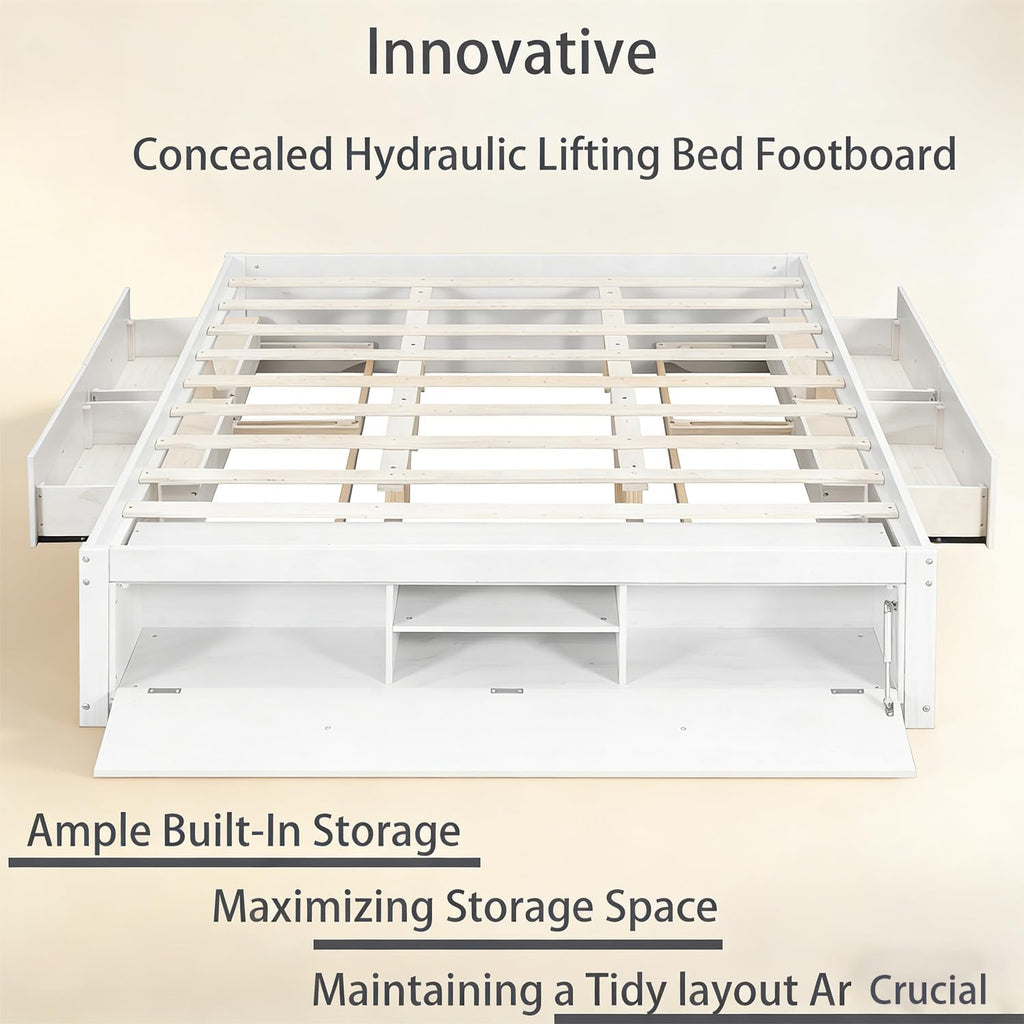 Farmhouse Wood Bed Frame, Japanese Low Platform Wooden Beds Frames with 4 Drawers & Concealed Hydraulic