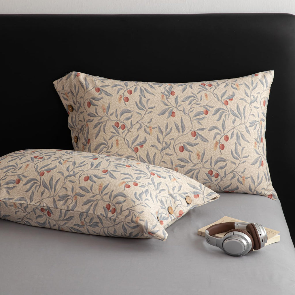 Cotton Linen Floral Duvet Cover Set - Vintage Botanical Print Bedding with Wooden Button Closure, Soft