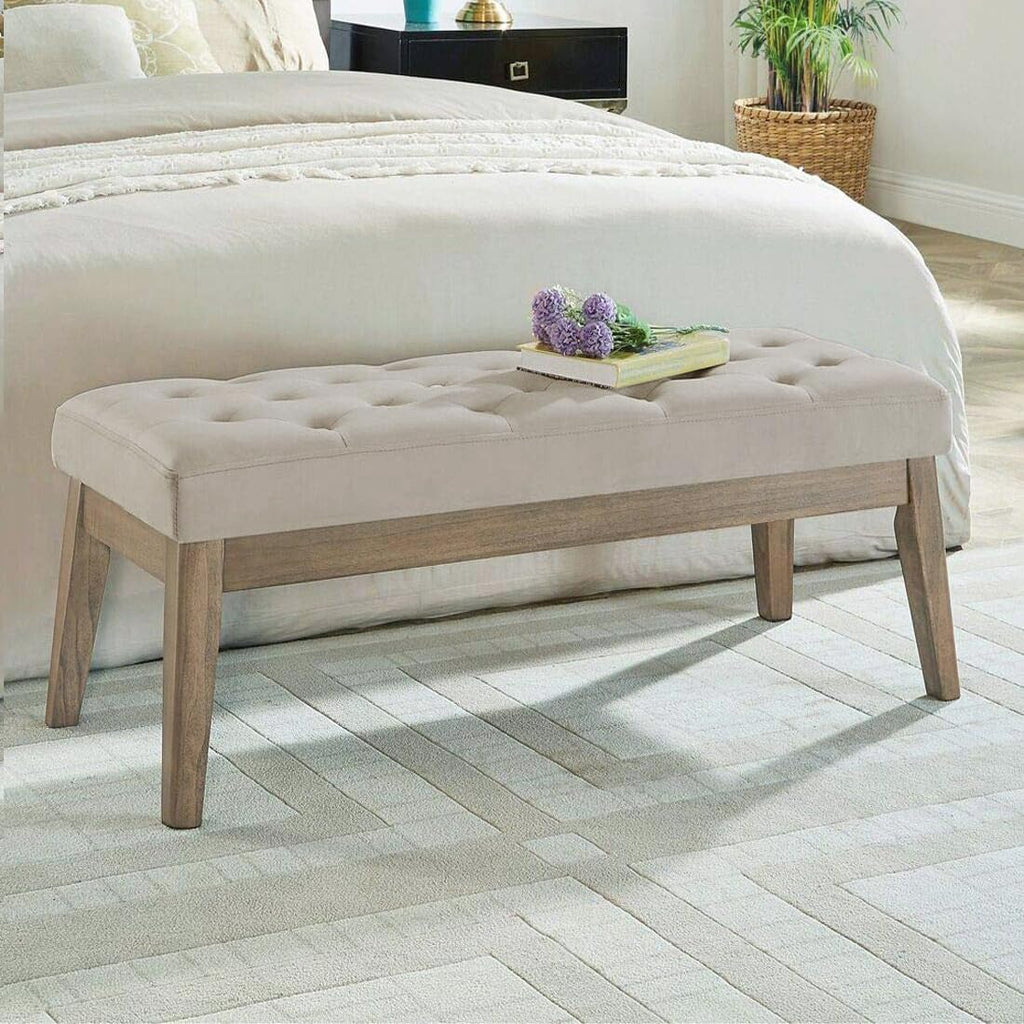 Velvet Upholstered Buttons Tufted Entryway Bench with Solid Wood Leg,Bed Bench Ottoman with Padded Seat,5034-Taupe