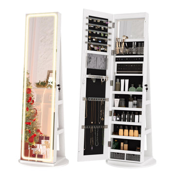 LED Mirror Jewelry Armoire, White, Lockable Jewelry Cabinet with Full Length Lighted Mirror, Jewelry Storage Organizer