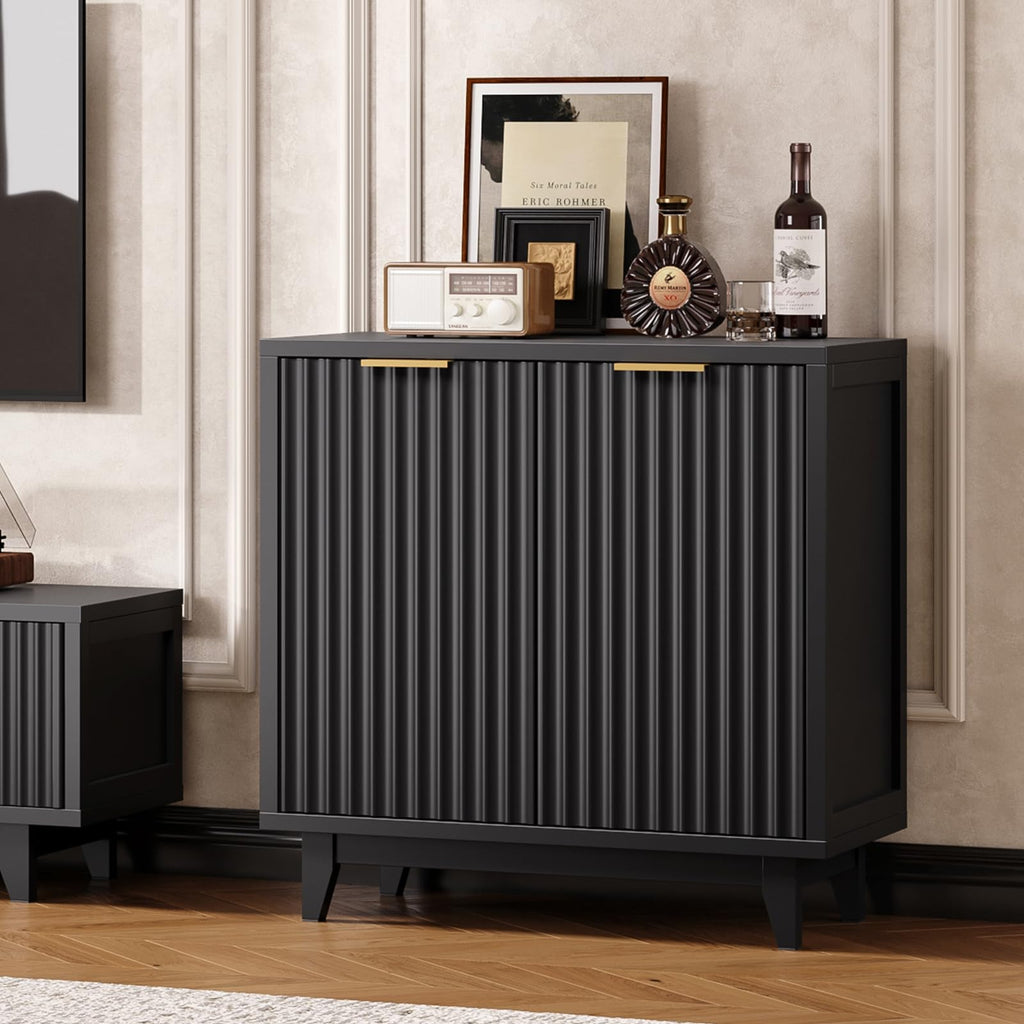 Modern Fluted Coffee Bar Cabinet with Removable Wine Rack, Black