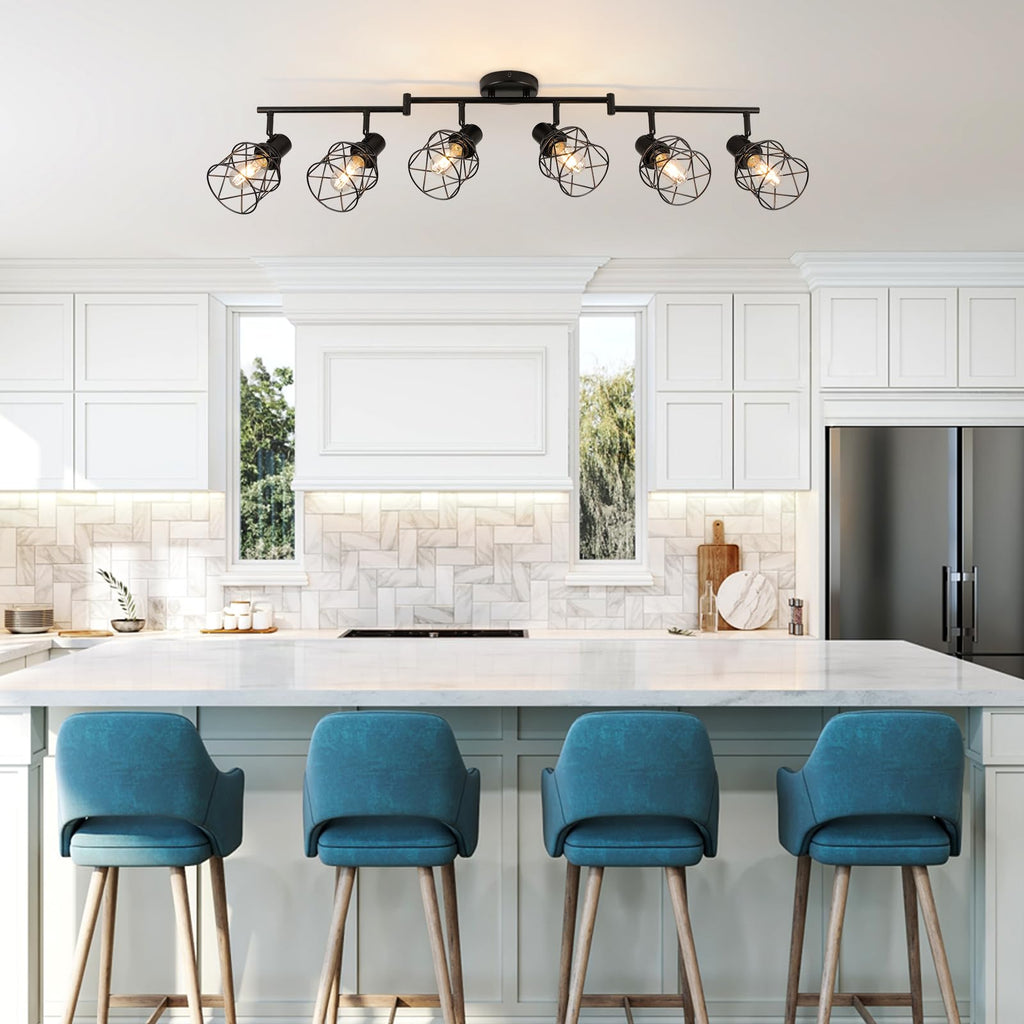 Track Lighting Kit 6 Way Ceiling Spotlight-Industrial Flush Mount Ceiling Light Black Kitchen Ceiling Light Fixtures