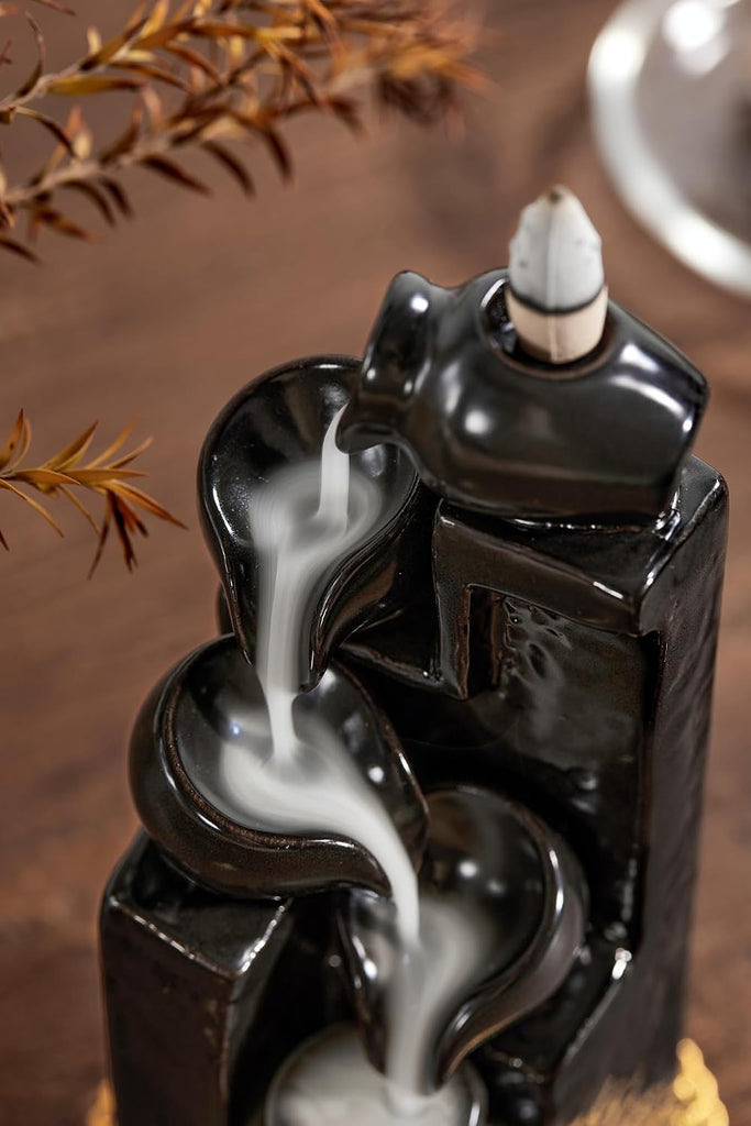Unique Cascading Basins Ceramic Waterfall Incense Holder, Paired with a Pack of Backflow Incense Cones. (Black)