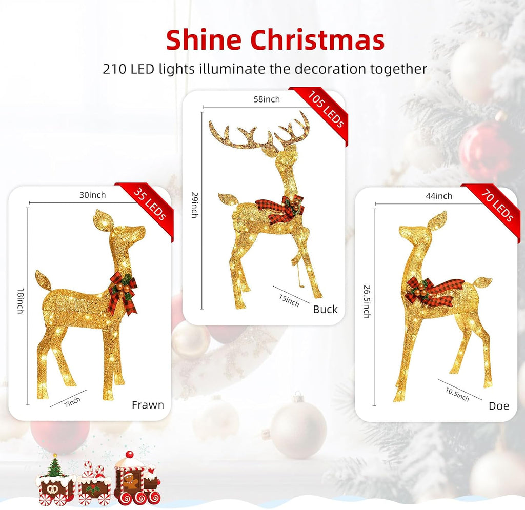 3-Piece Large Deer Family - Lighted Christmas 3D Reindeer Outdoor Yard Decoration Set w/ 210 LED Lights, Stakes, Zip