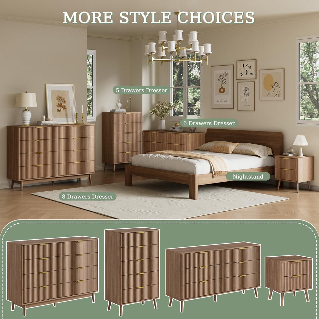 55" Wide Fluted Dresser with 6 Drawer, Modern Chest of Drawers with Curved Profile Design and Metal Handles, Wood
