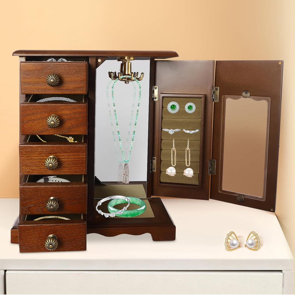 Wooden Jewelry Box with 5 Drawers, Vintage Jewelry Organizer, Large Storage Space Women Desktop Jewelry Storage Box
