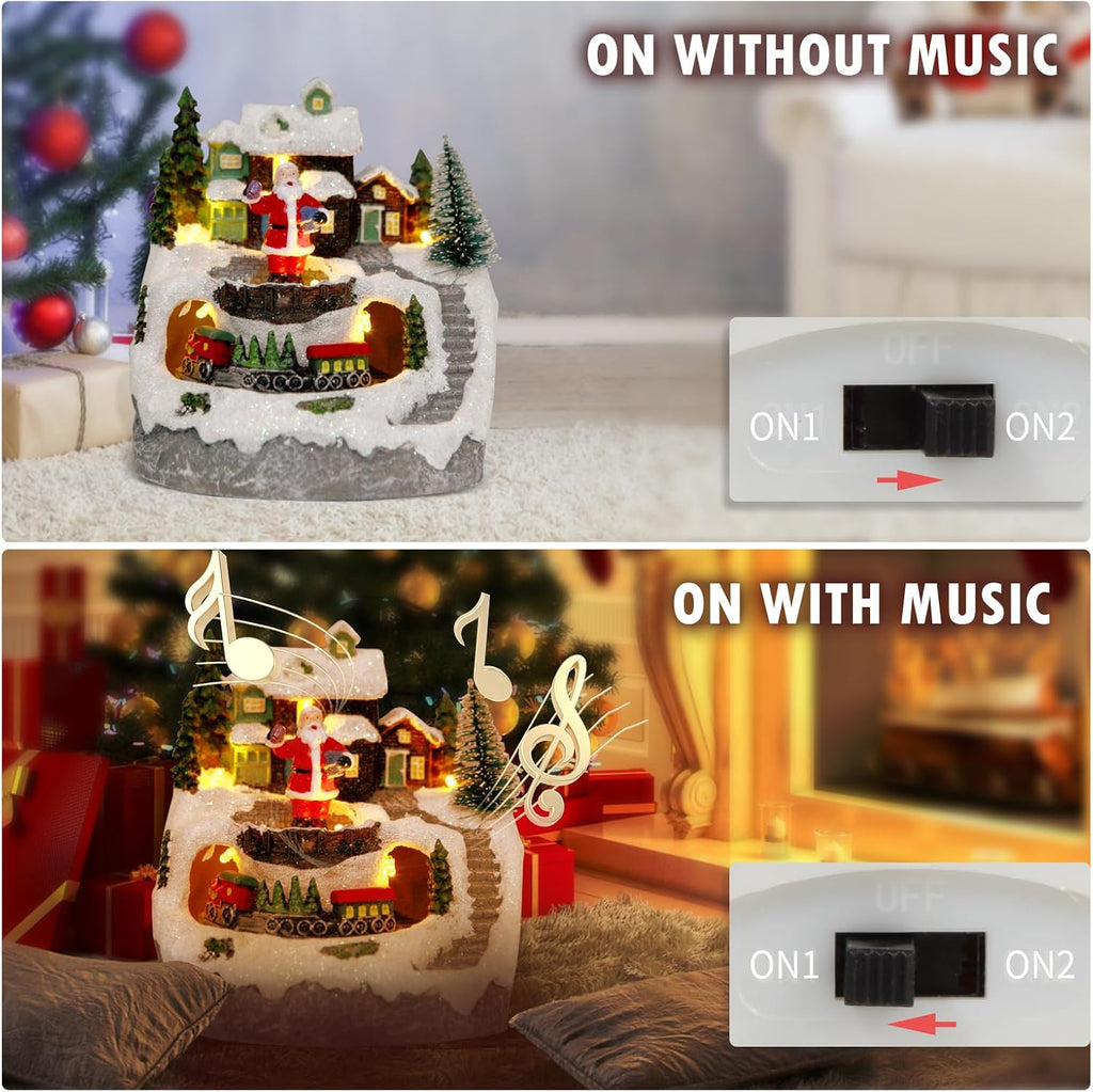 Christmas Decorations Village House Resin Collectible Building Figurines Revolving Train Musical Snow Globe 8 Music
