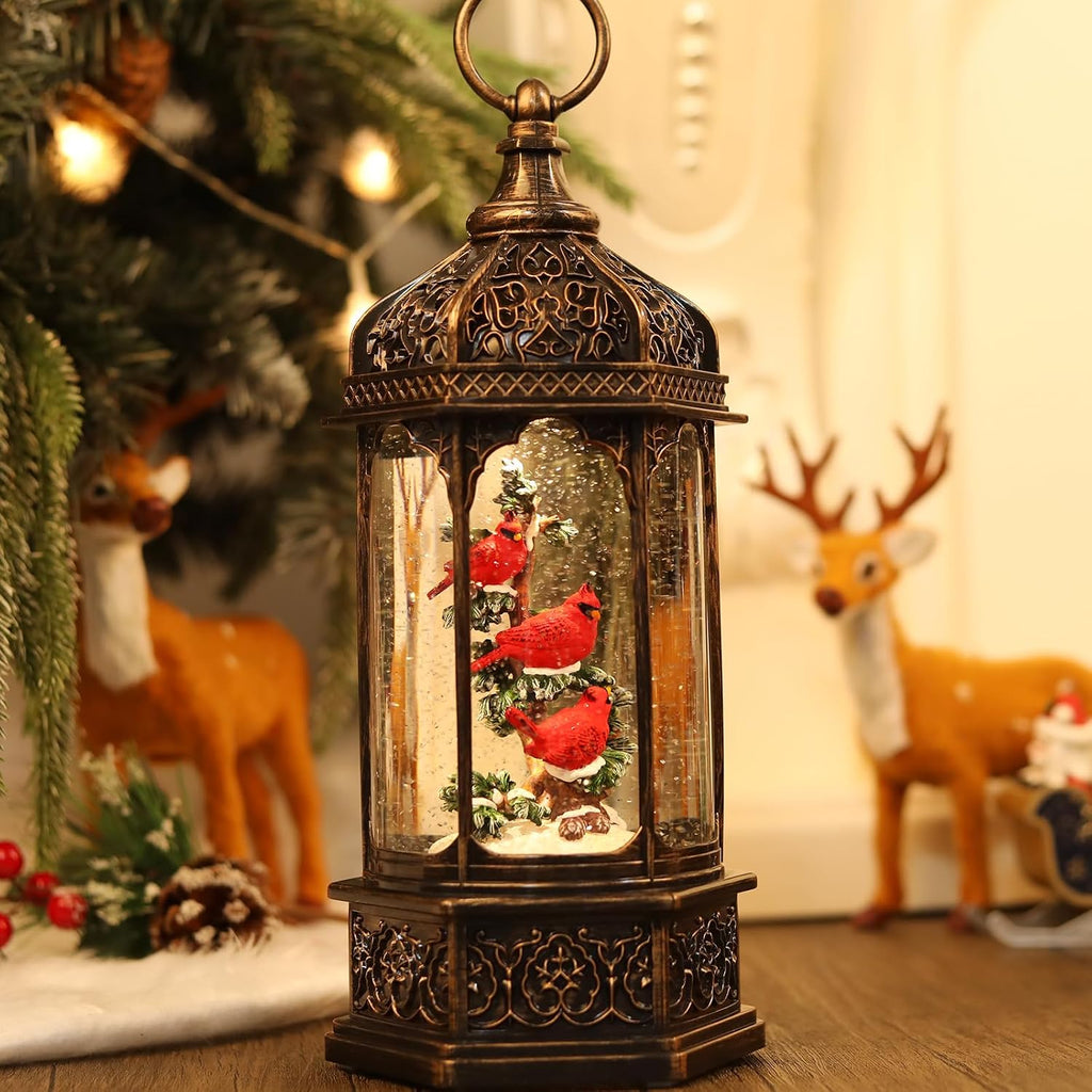 12.6Inch Cardinal Christmas Snow Globes,Musical Light Up Glitter Red Cardinal Snow Globe Lanterns,6H Timer USB