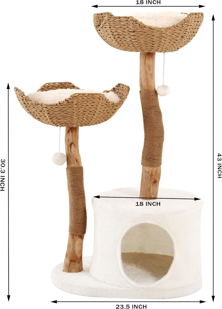 Natural Modern Cat Tree Tower - Wooden Cat Condo with Dangling Ball, Cozy Baskets, Scratching Posts, for Large Indoor