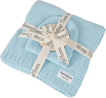Newborn Baby Gift Set, Cotton Knit Blanket & Matching Beanie for Boys Girls