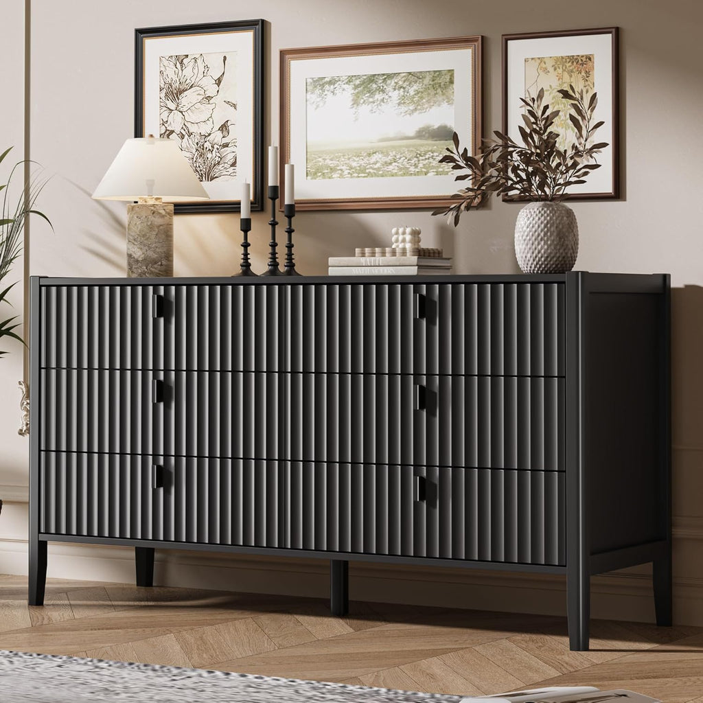Black 6 Drawer Dresser, Modern Wood Dresser, Fluted Design Double Chest of Drawers with Wood Legs, TV Stand Storage