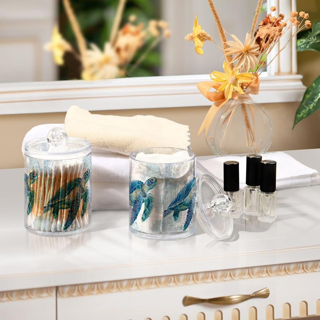 Sea Turtle Pattern Apothecary Jars with Lid, 10 Oz Clear Plastic Apothecary Jar Set Qtip Holder Storage - Set of 2