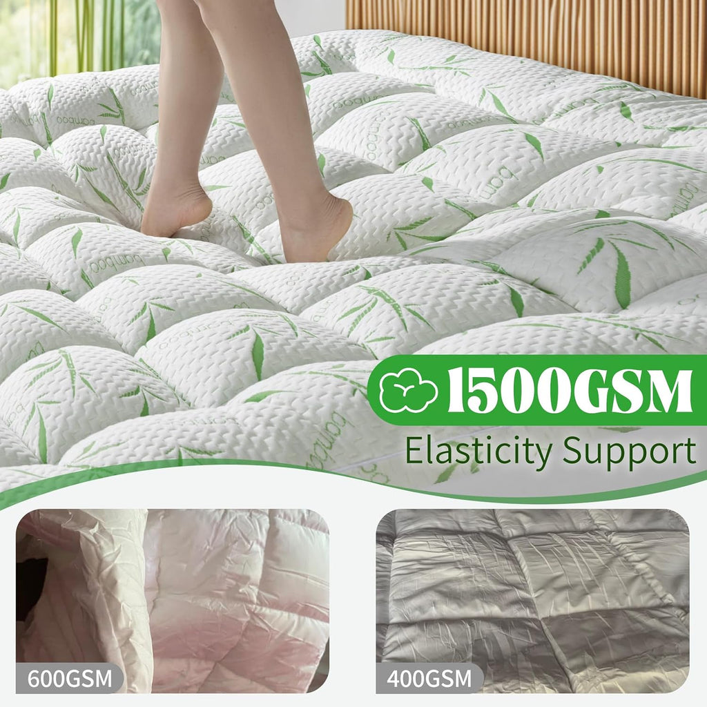 Mattress Topper - 1500GSM 3D+7D Down Alternative Fill 3 in Pillow Top Mattress Pad, Viscose Made from Bamboo Cover