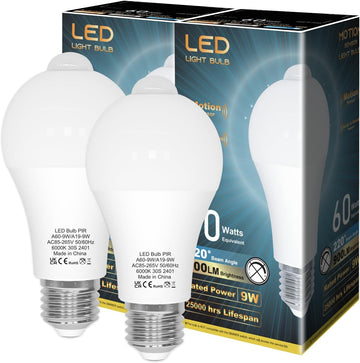 Motion Sensor Light Bulbs Indoor Outdoor 60 Watt 6000K, 2 Pack