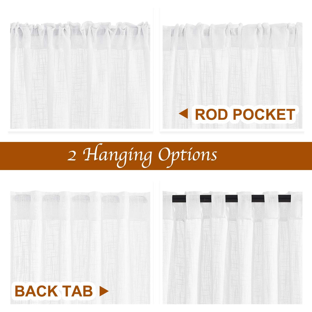 White Sheer Linen Curtains, Rod Pocket & Back Tab Sweep to Floor Window Treatments Semi Sheer Drapes Privacy