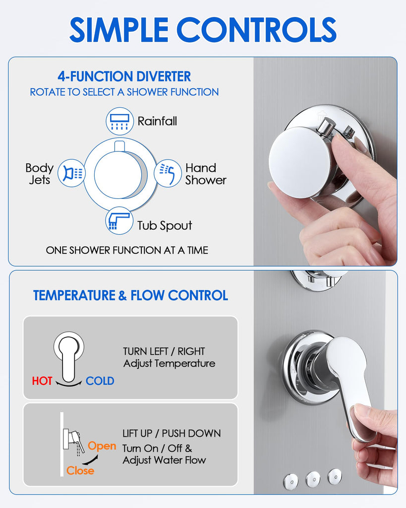 Shower Panel Tower System, 4 Functions, Surface Wall Mount, Brushed