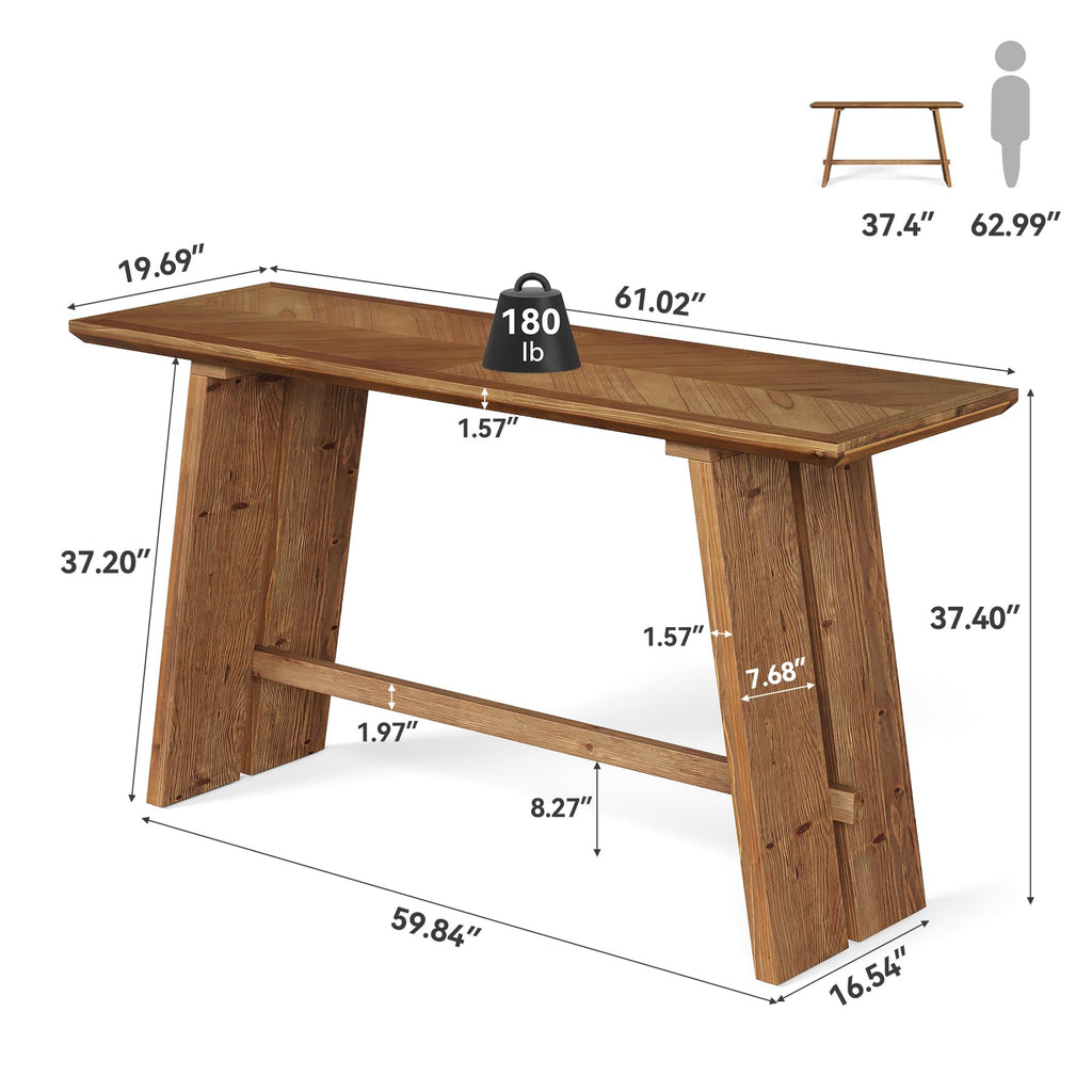 Solid Wood Bar Table, 61" Counter Height Table with Parquet Design Tabletop, Modern Farmhouse Kitchen Bar Table