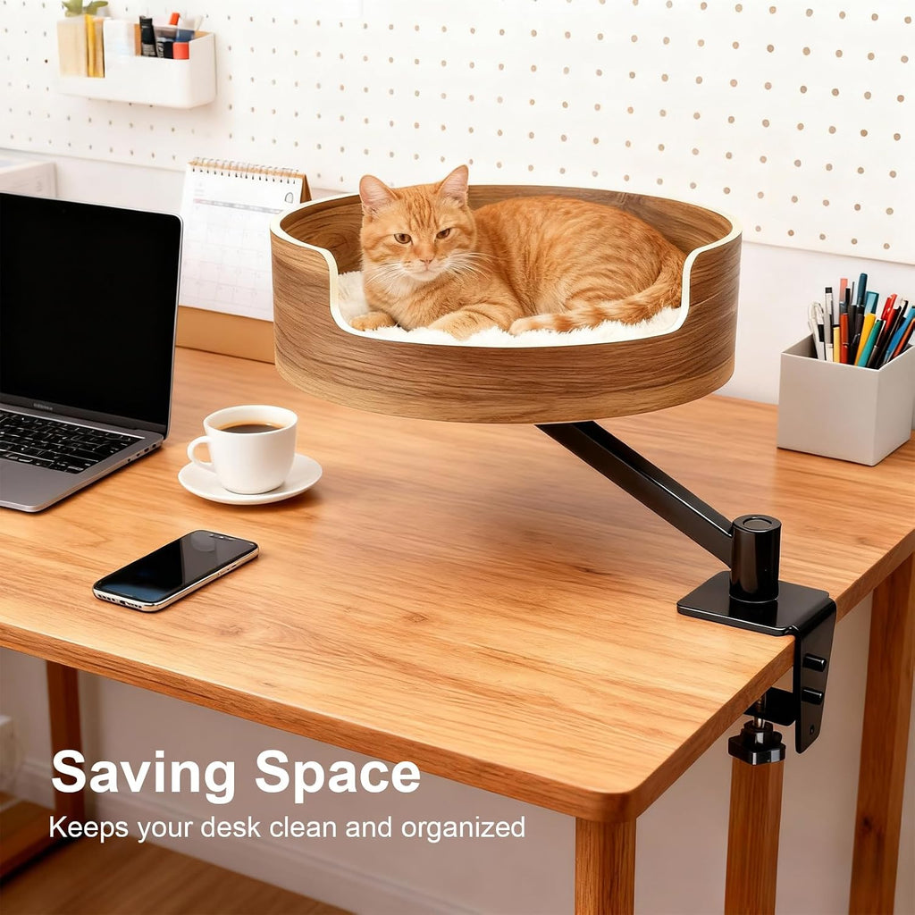 Desk Cat Bed, Elevated Cat Bed for Desk, Space-Saving Cat Hammock, Stable & Comfortable Perch for Indoor Cats, Walnut