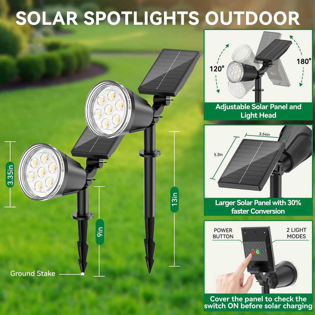 Solar Lights Outdoor Spot Light Waterproof: 1000LM Adjustable Cool White Spotlights - 2-in-1 15Hrs+ Bright Wall Spot