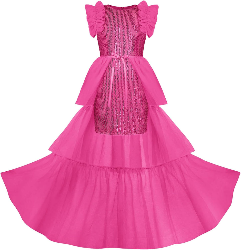 Girls Sequin Formal Pageant Fancy Party Ruffle Prom Maxi Dress