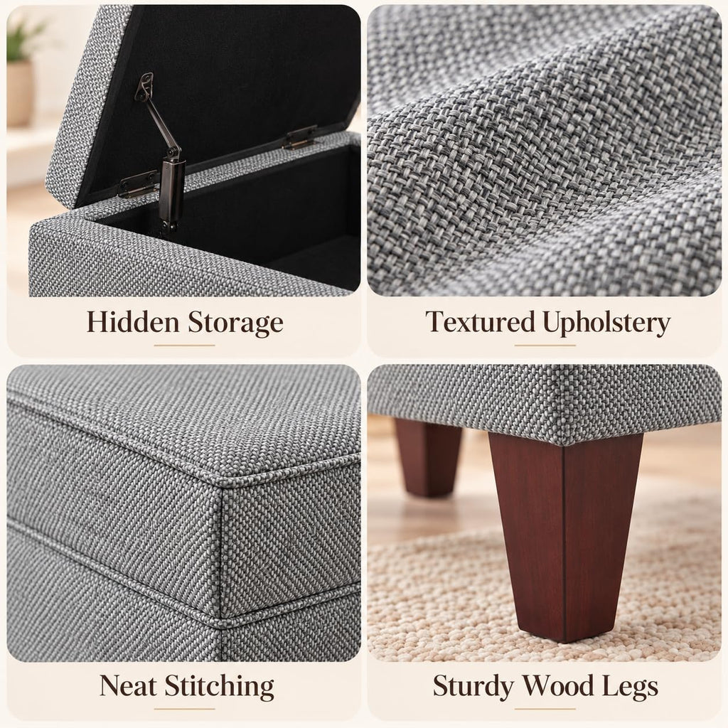 Linen Storage Ottoman with Wooden Legs, 17" Square Upholstered Flip-Top Footrest Stool, Extra Seat or Coffee Table