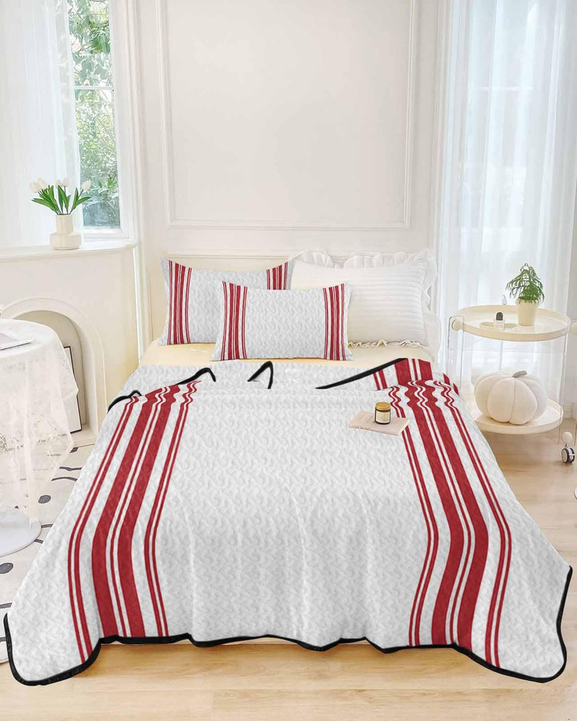 Quilt Sets King Size Red Ticking Vertically Stripe Comforter Set Lightweight Soft Bedspread Coverlet Simple Style