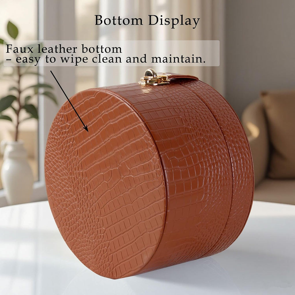 Large Leather Decorative Boxes Round Hat Box Bin Basket with Lid for Shelf Coffee Table Storage Remotes - Set of 2