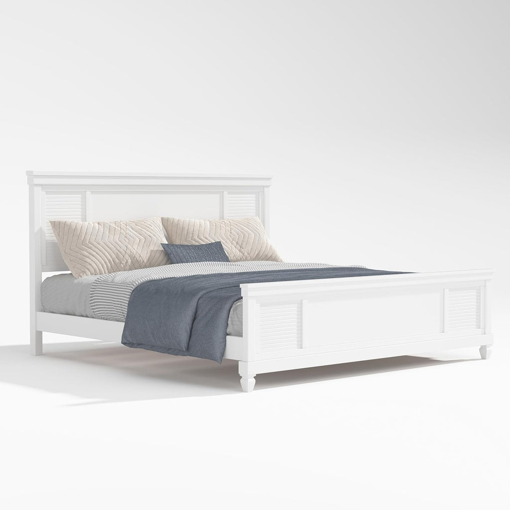 Queen Bed Frame with Wood Headboard, Farmhouse White Platform Bed Frame with Sturdy Wooden Support Slats, No Box