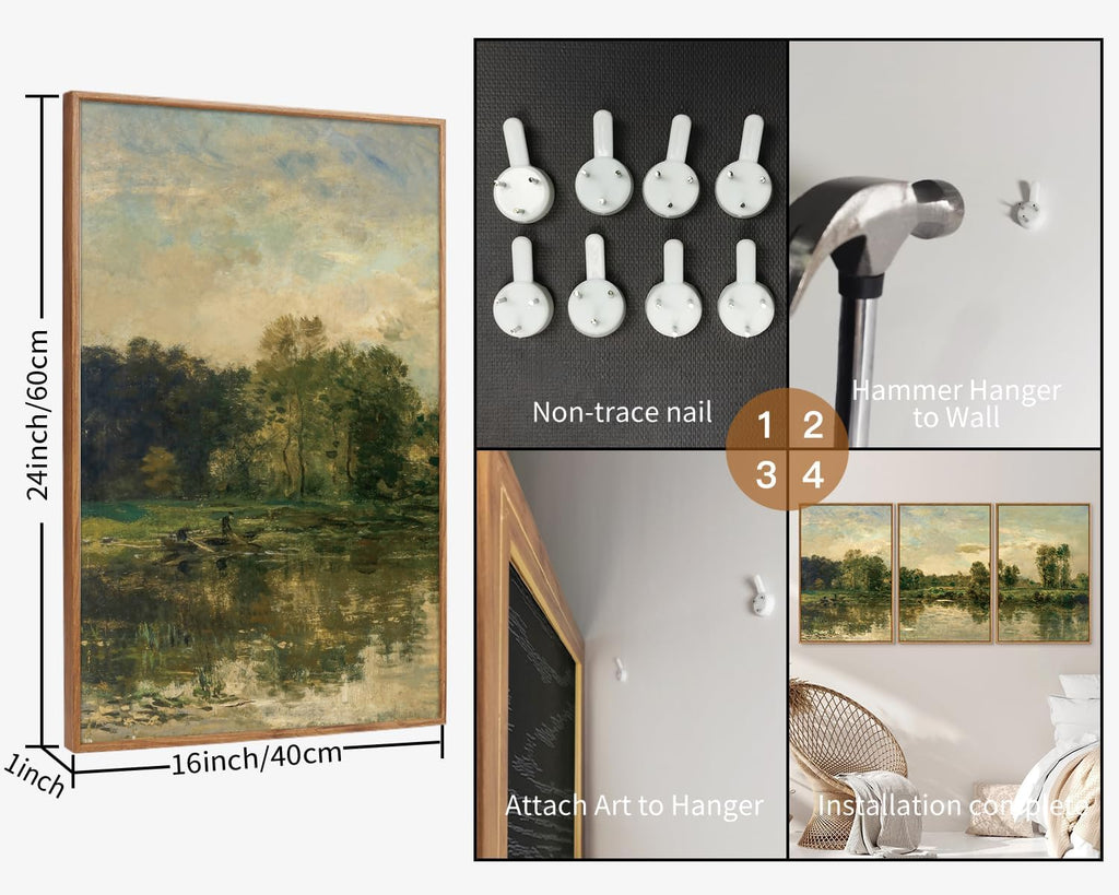 Vintage Landscape Framed Canvas Wall Art Set of 3, French Country Art Prints, Nature Green Trees and Lake Art