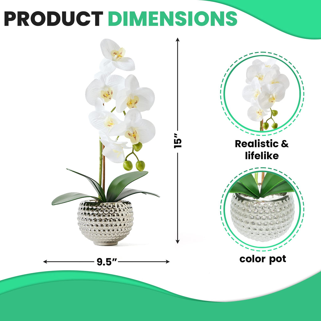 Fake Flowers with Vase, Large Orchids Artificial Flowers in Silver Pot Fake Orchid Fake Plant in Pots Artificial