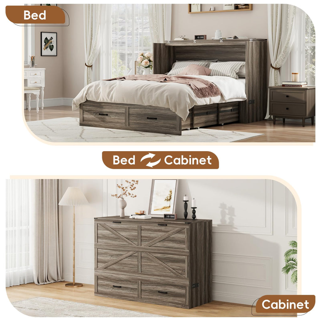 Full Size Farmhouse Murphy Bed with Drawer&Charging Station, Grey