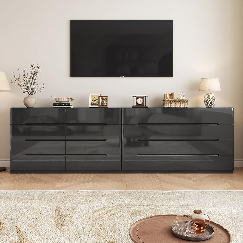 High Gloss Dresser, 47.2" Wide 8 Drawer Dresser, Black