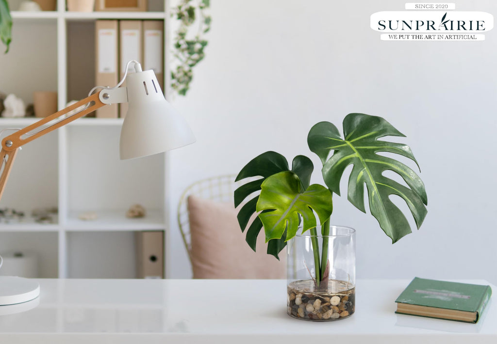 Realistic Artificial Plant in Clear Pot with Artificial Water, Broad Monstera Leaves. Faux Plants Indoor and Outdoor.