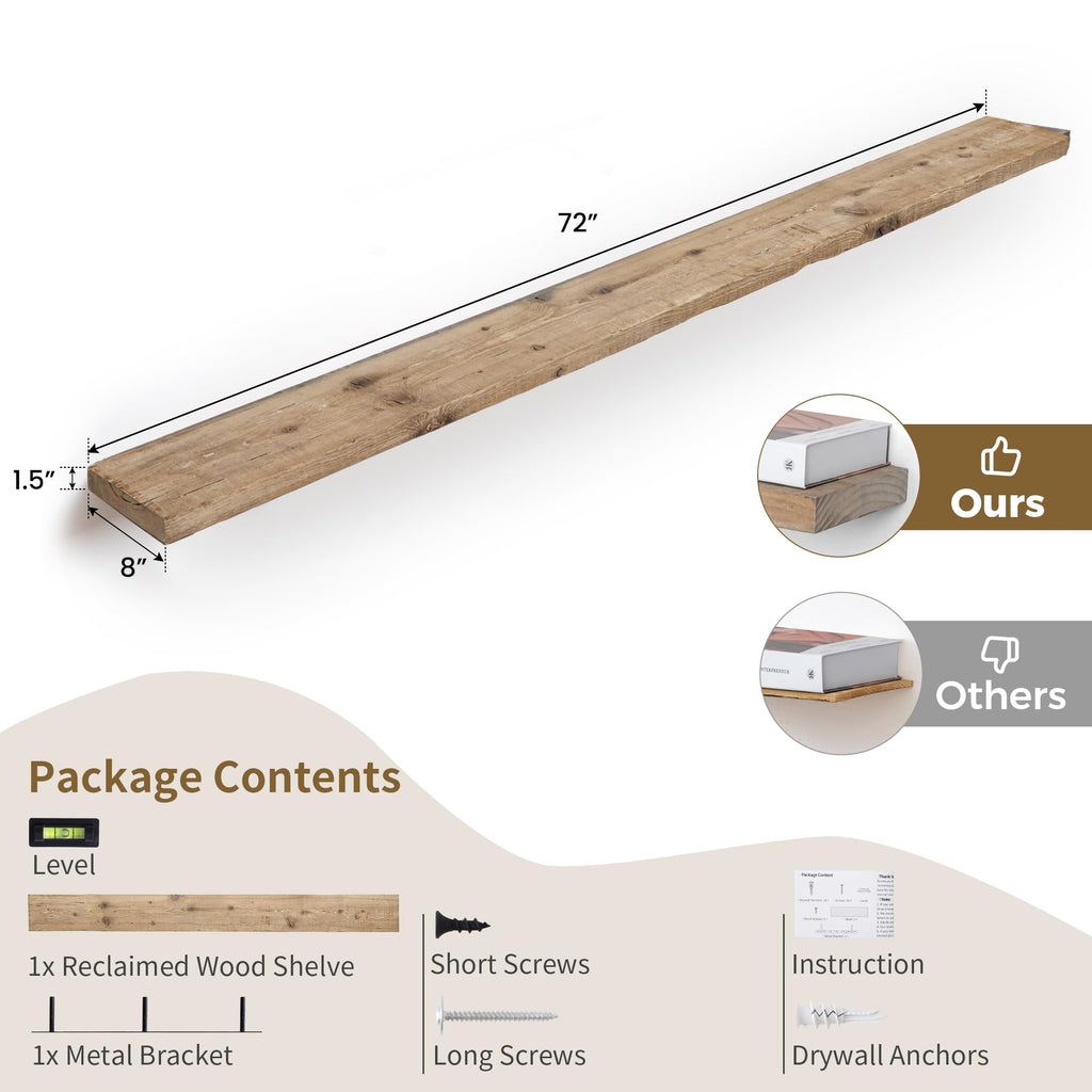 72 inch Floating Shelves for Wall, 8" Deep Rustic Reclaimed Barnwood Shelves, Floating Shelf Wall Hanging Shelves