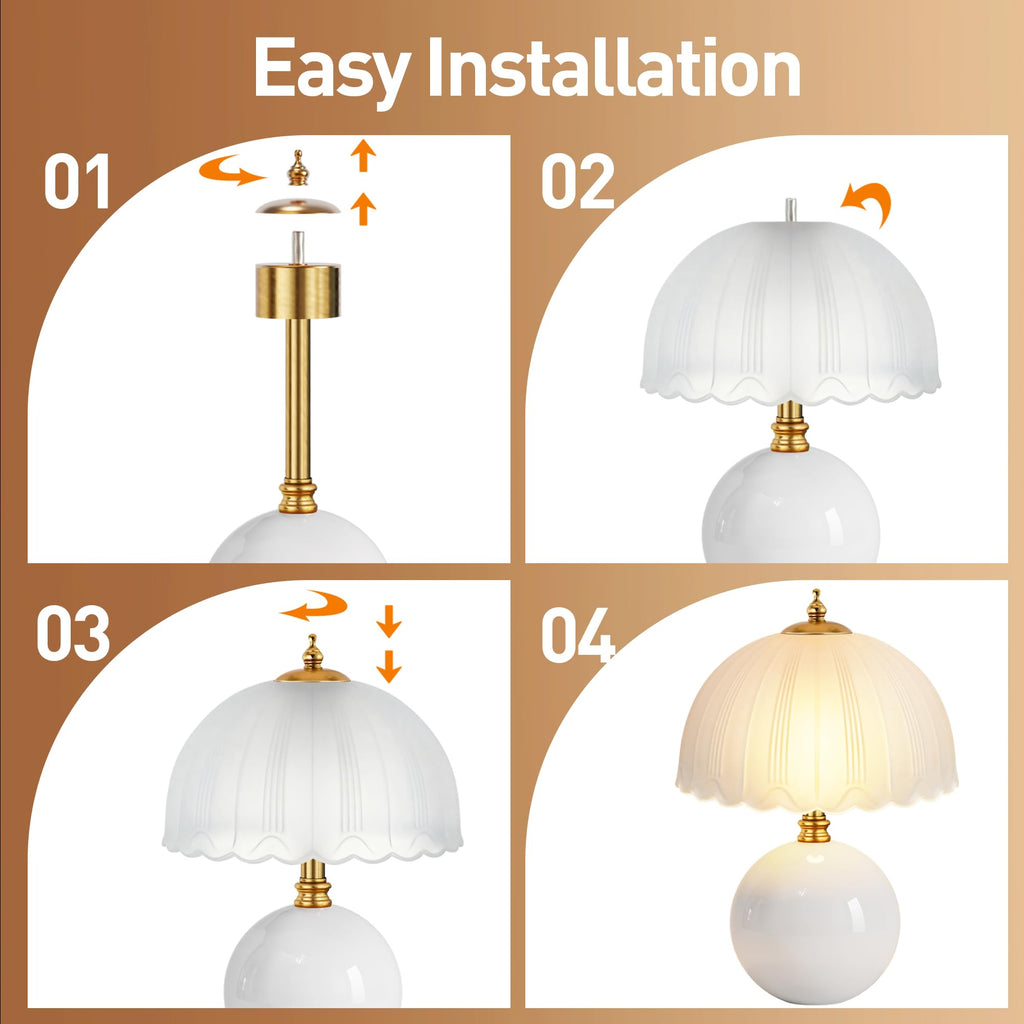 Mushroom Table Lamp, Ceramic Bedside Lamp with Glass Shade, 3-Way Lighting (2700K-5000K) Rocker Switch, Small