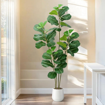 Faux Fiddle Leaf Fig Tree 5ft with White Planter 4 Trunk Fake Plants in Pot