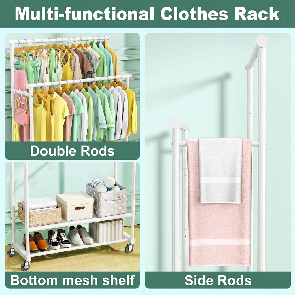 Double Rods Clothes Rack for Hanging Clothes, Heavy Duty Rolling Clothing Rack with Wheels, Freestanding Garment
