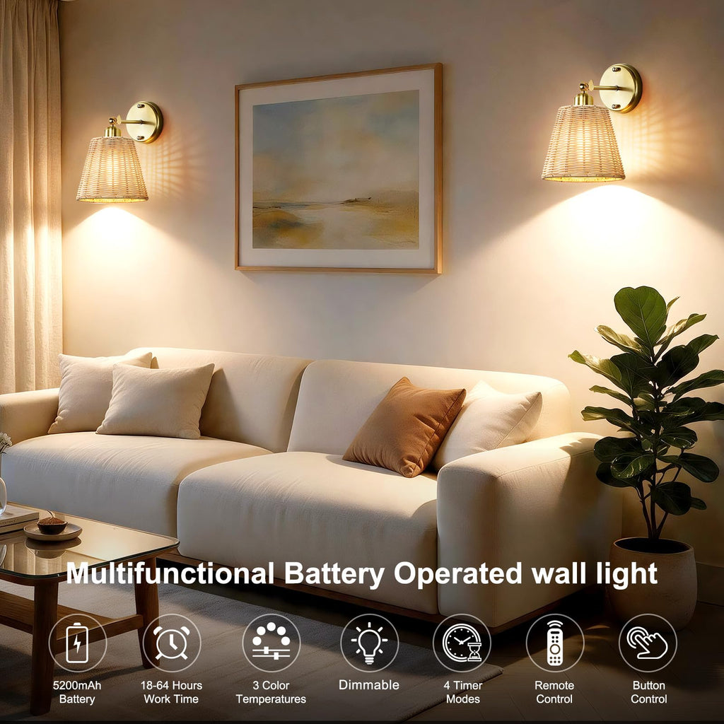 Rattan Rechargeable Battery Operated Wall Sconces Set of Two with Remote, 3 Colors Dimmable Wireless Wall Light