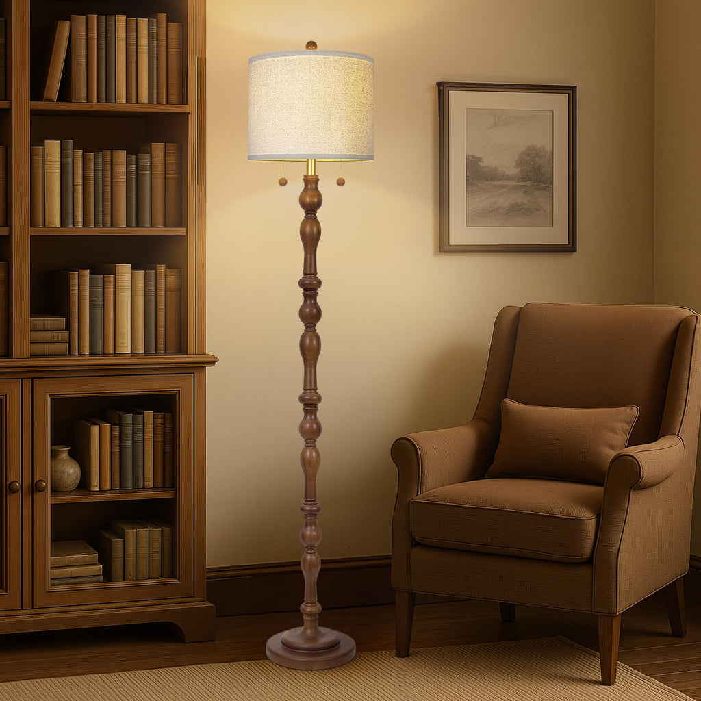 65.5" Natural Real Wood Floor Lamp with Dual Pull Chains Switch