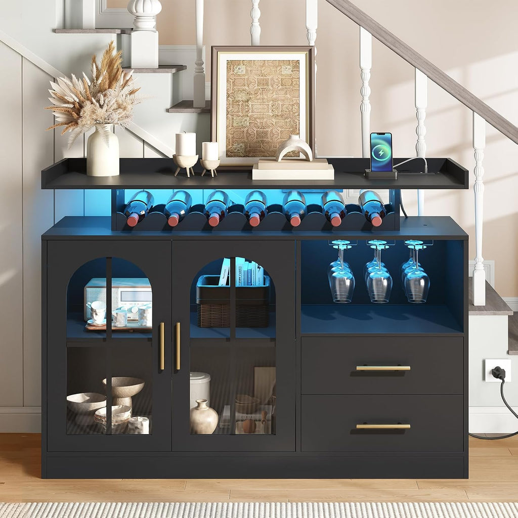 Wine Bar Cabinet with LED Lights & Charging, Modern Liquor Cabinets with 2 Ample Storage Drawers, Wine and Glass