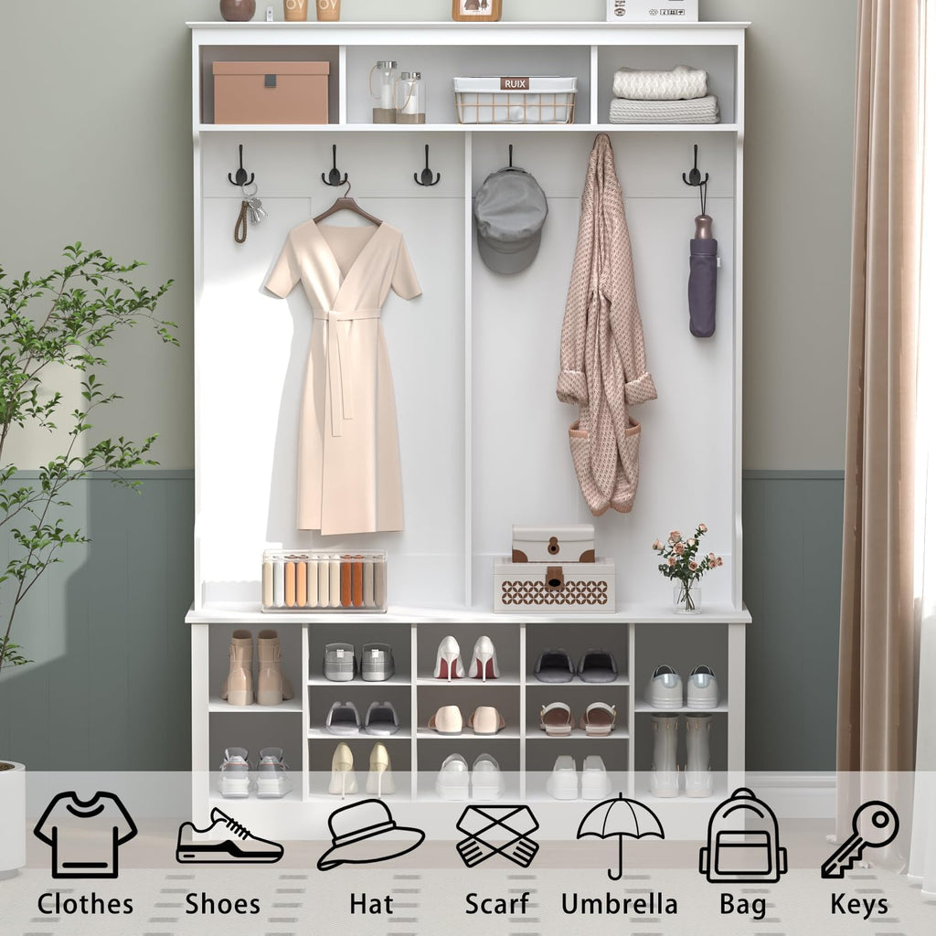 Hall Tree with Bench and Shoe Storage, 53" Farmhouse 4-in-1 Mudroom Storage Organizer with Coat Rack, 6 Hooks, 12