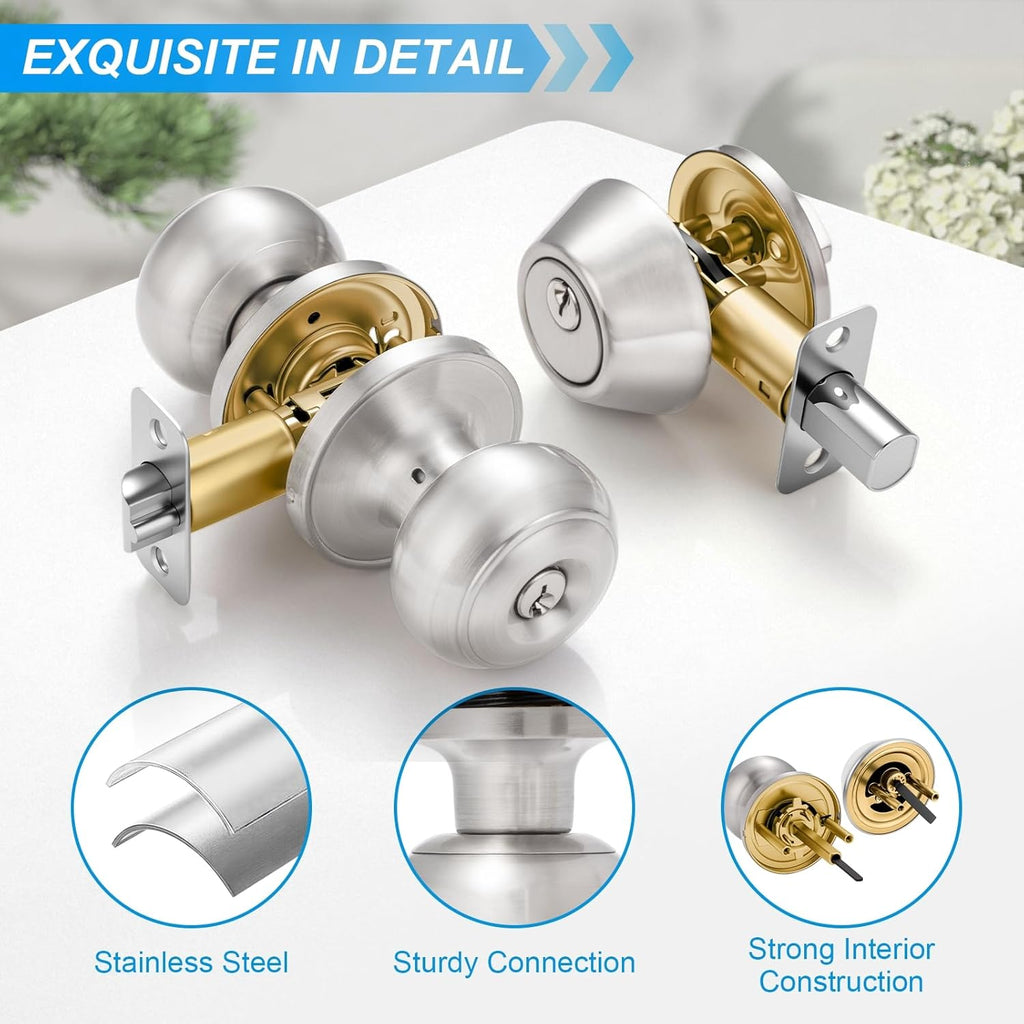 4 Pack Exterior Door Lock Set, Satin Nickel Door Knob and Deadbolt Combo Set, Keyed Alike Entry Door Knobs with