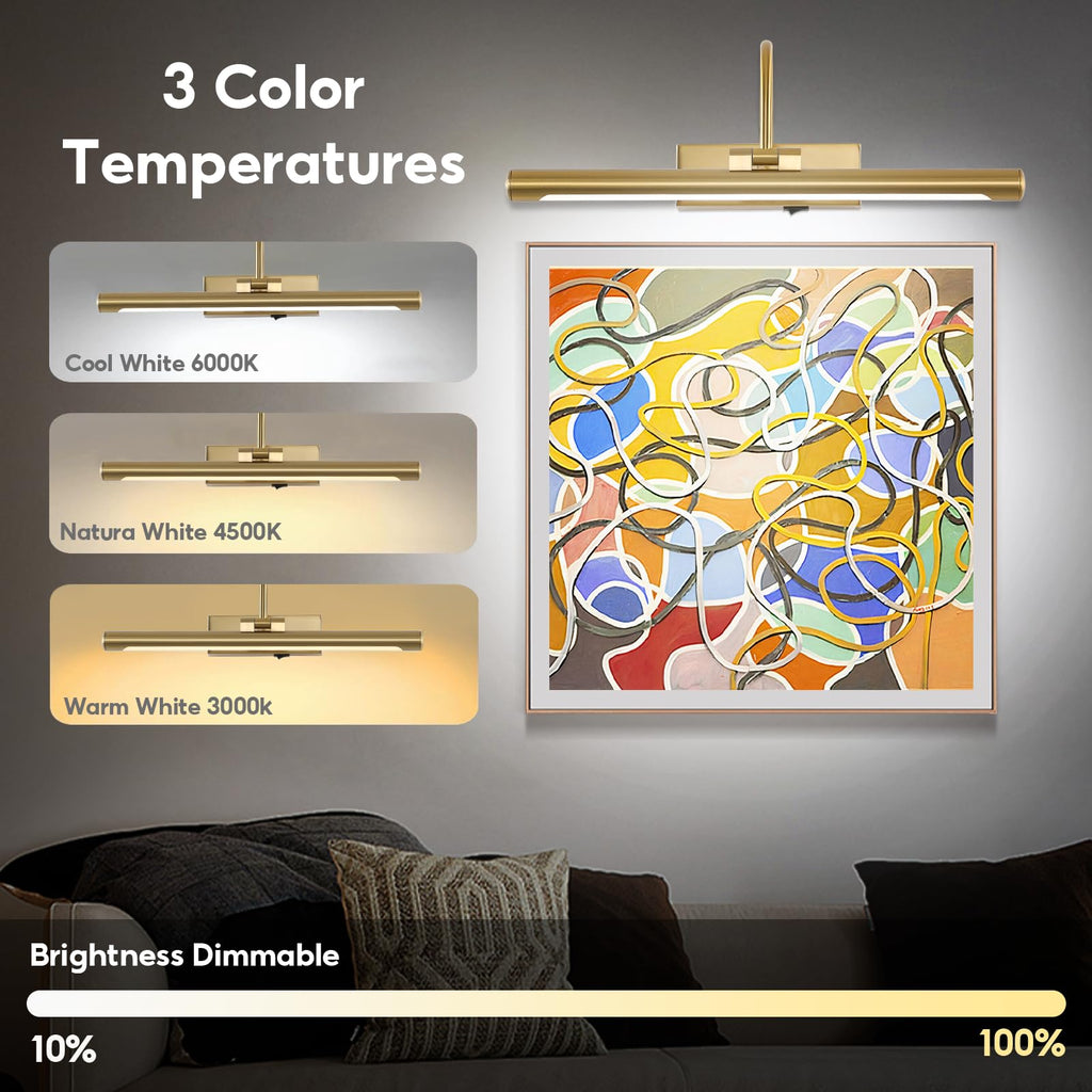 12"Picture Light for Wall Battery Operated Art Lights for Painting Brass Wireless LED Picture Lighting 3CCT Dimmable