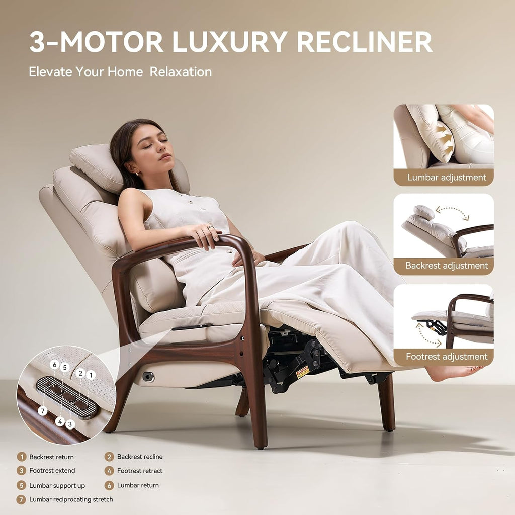 M7 Power Recliner Chair for Adults, Real Leather | Adjustable Lumbar Support & 5-Min Rhythmic Stretch 160° Reclining