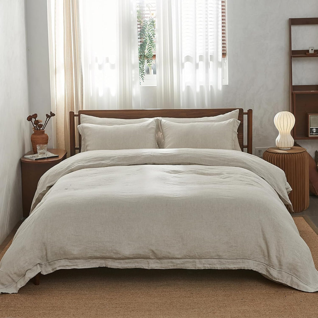 100% Washed Linen Duvet Cover with Embroidered,3 Pieces Soft Farmhouse Comforter Set with Button Closure,1 Duvet