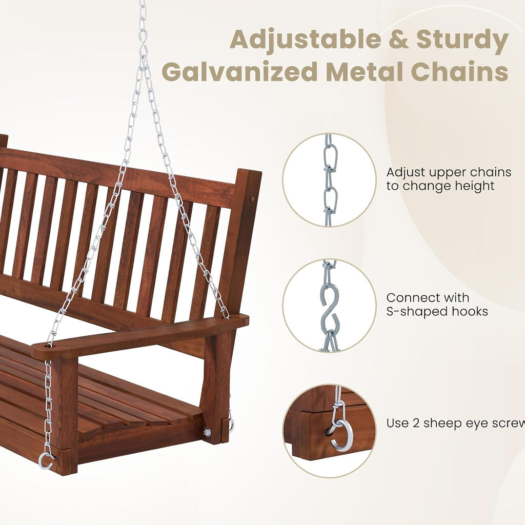 2-Person Wooden Outdoor Porch Swing, Heavy Duty Patio Hanging Bench Chair with 500 LBS Weight Capacity, 5.6 FT