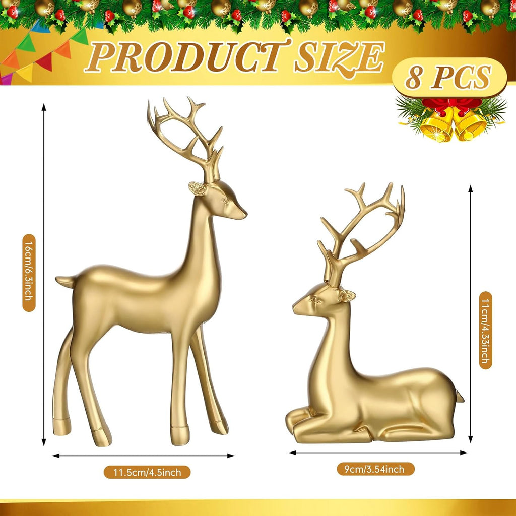 8 Pcs Christmas Reindeer Figurines Sitting Standing Statues, Gold