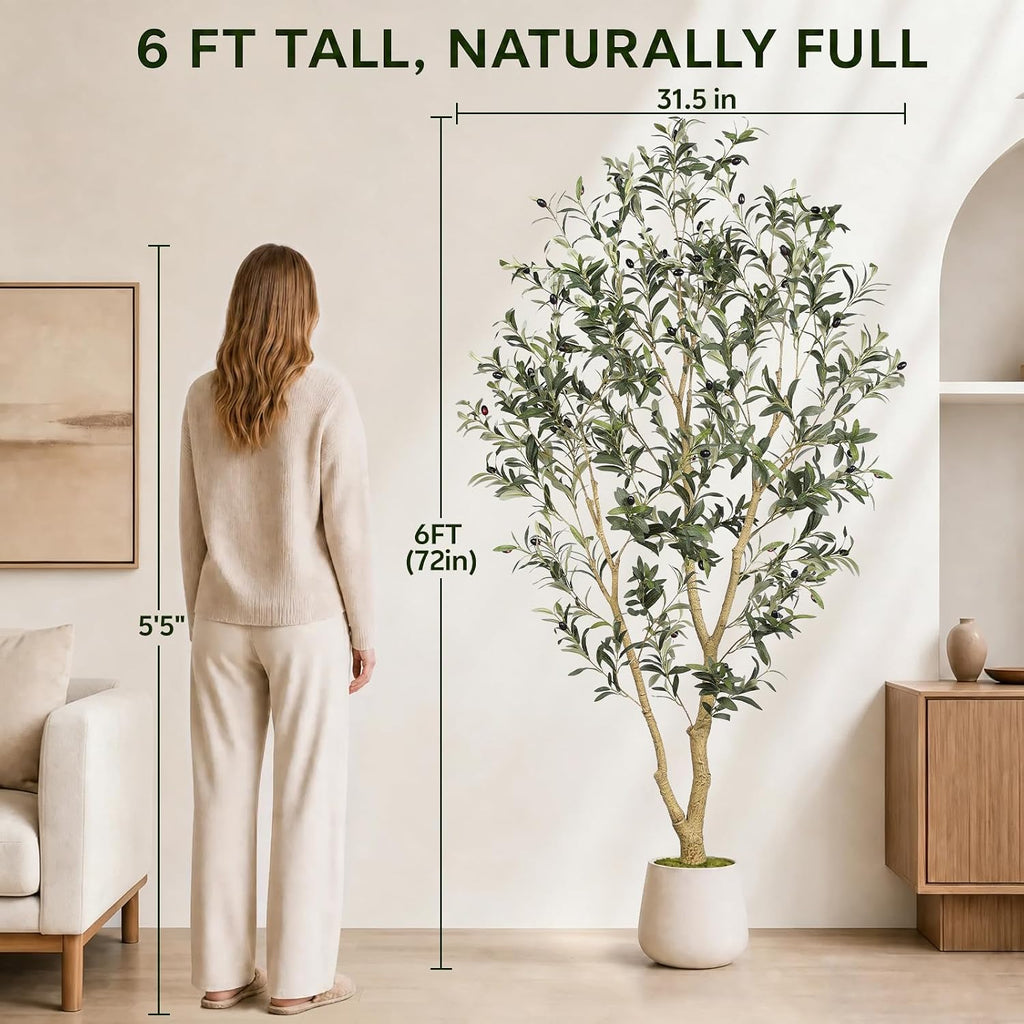 6FT Artificial Olive Tree with Pot & Slender Multi-Branch Design